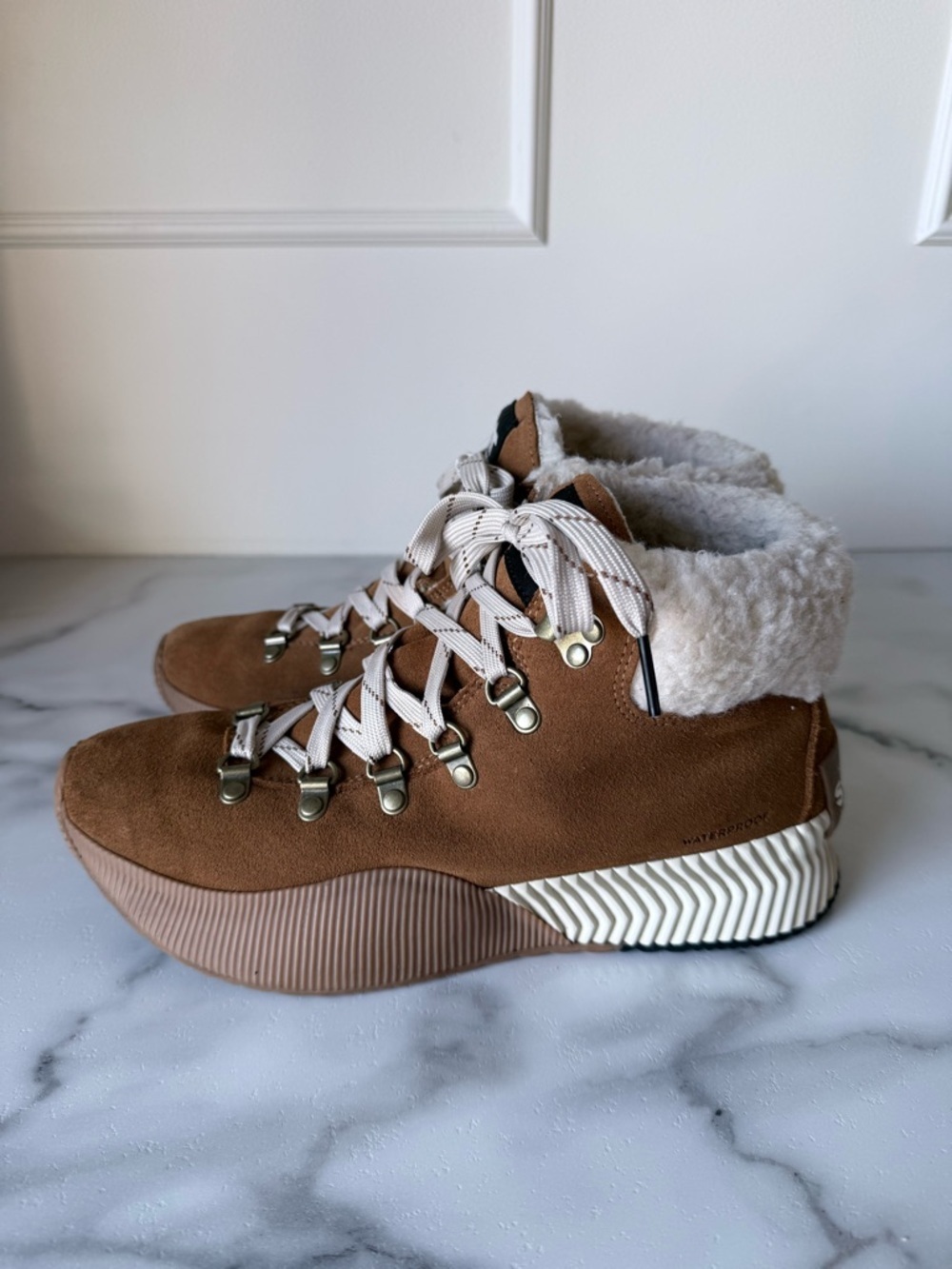 Women’s Brown Faux-Shearling Hiker Sneakers